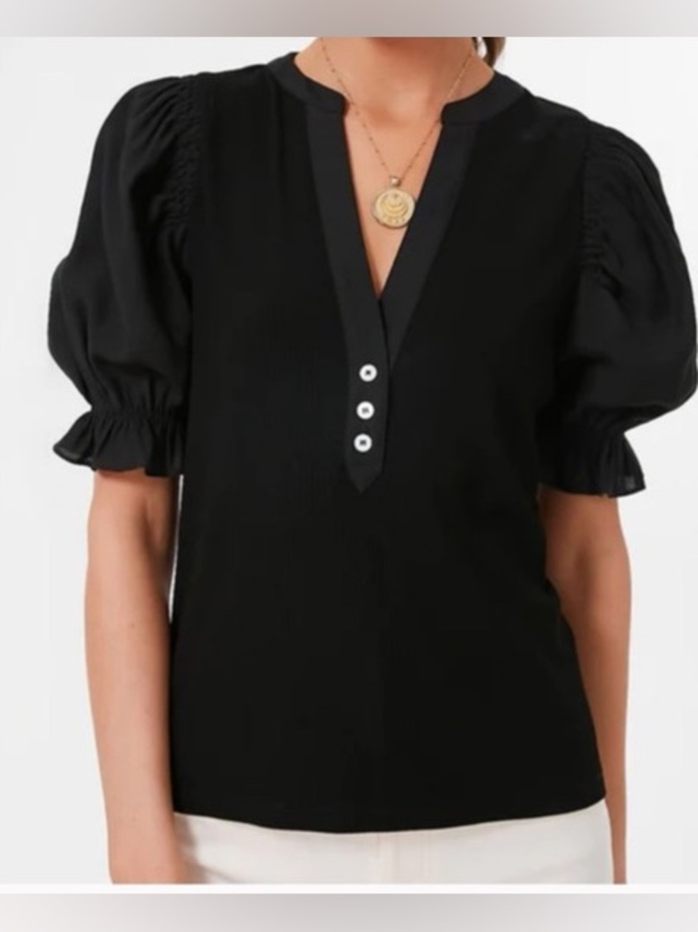 Tuckernuck Pomander Place Livia puff sleeve short sleeve top black large